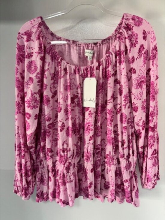 Wonderly Tops - Wonderly NWT L Pink Floral Long Sleeve Peasant Top On Off Shoulder Boho Flowy